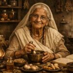 बैद्यनाथी दादी समस्तीपुर में जड़ी-बूटियों के साथ ग्रामीण मरीज का उपचार करती हुई