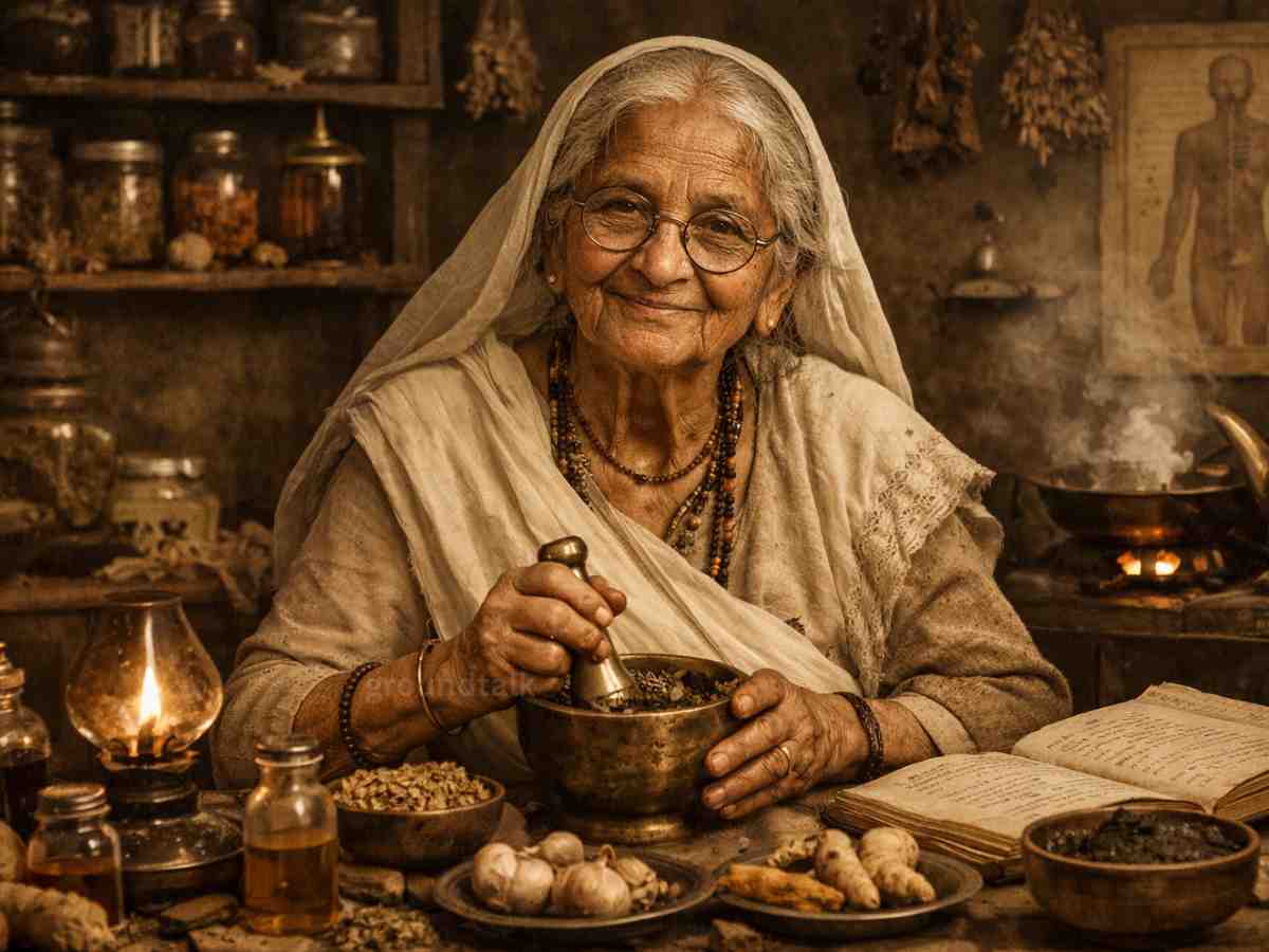 बैद्यनाथी दादी समस्तीपुर में जड़ी-बूटियों के साथ ग्रामीण मरीज का उपचार करती हुई