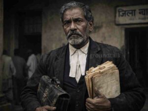 रामलषण सिंह समस्तीपुर कचहरी के बाहर झोला और कानून की किताब के साथ बैठे हुए