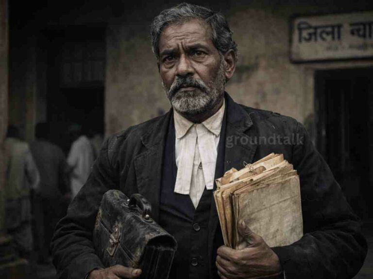 रामलषण सिंह समस्तीपुर कचहरी के बाहर झोला और कानून की किताब के साथ बैठे हुए